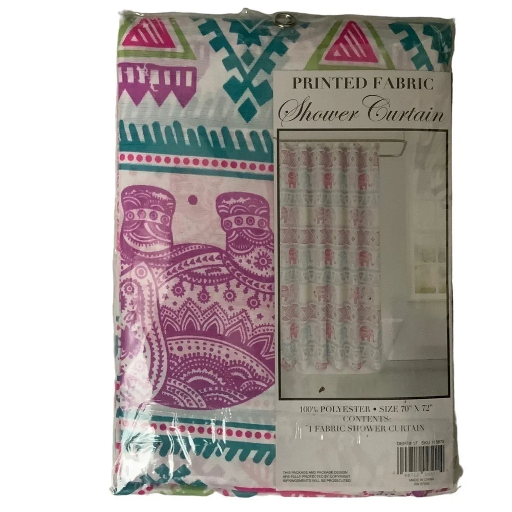 Shower Curtain Elephant Print Fabric Colorful Pink Teal Green NWT 70 x 72 in